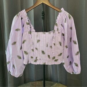 Eze Sur Mer Puff Sleeve Organic Cotton Top Vacation Boho Cottage Coastal Sz XS-S